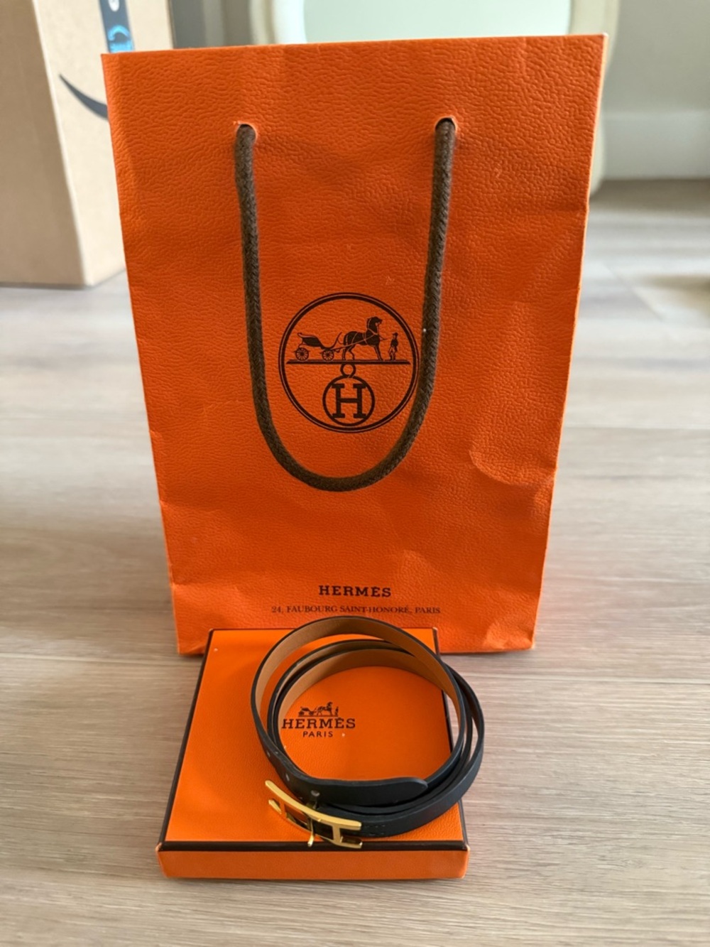 Hermes Black Leather Double Tour Belt Bag Strap with Gold H Buckle